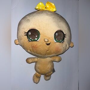 Plush Baby Doll Stuffed Animal with Yellow Bow - Soft Beige Comfort Toy